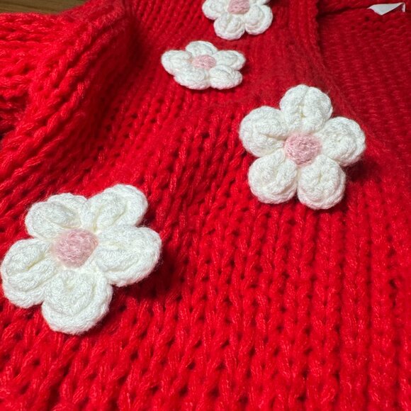 LUNA IVY Cable Knit Flower Lantern Red Sweater Cardigan Size M NEW WITH TAG - Picture 4 of 9